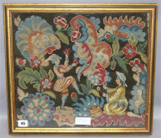 A 19th century needlework panel of musicians and dancers